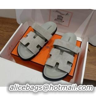 Classic Practical Hermes Chypre Slide Sandals in Suede Light Grey 2025 H082008 0820078