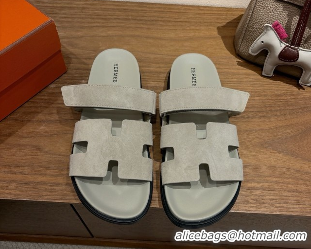 Classic Practical Hermes Chypre Slide Sandals in Suede Light Grey 2025 H082008 0820078