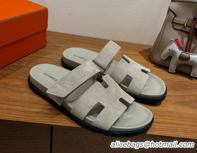 Classic Practical Hermes Chypre Slide Sandals in Suede Light Grey 2025 H082008 0820078