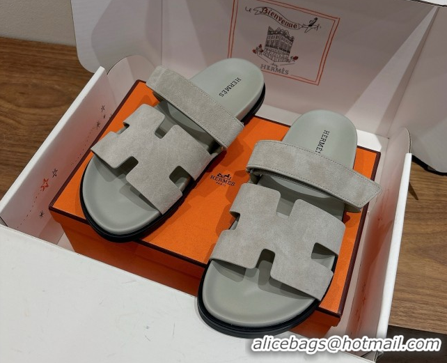 Classic Practical Hermes Chypre Slide Sandals in Suede Light Grey 2025 H082008 0820078