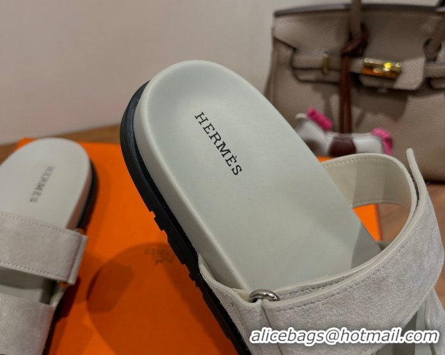 Classic Practical Hermes Chypre Slide Sandals in Suede Light Grey 2025 H082008 0820078