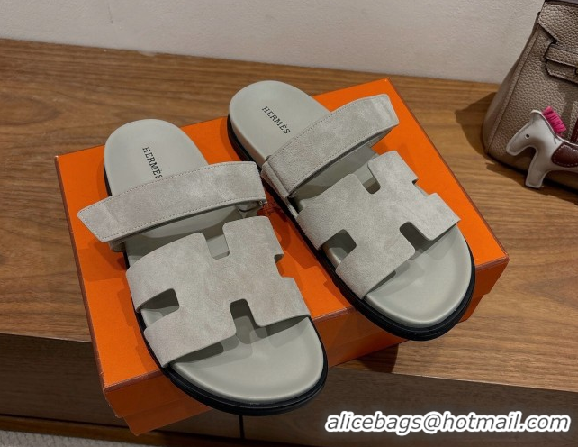 Classic Practical Hermes Chypre Slide Sandals in Suede Light Grey 2025 H082008 0820078