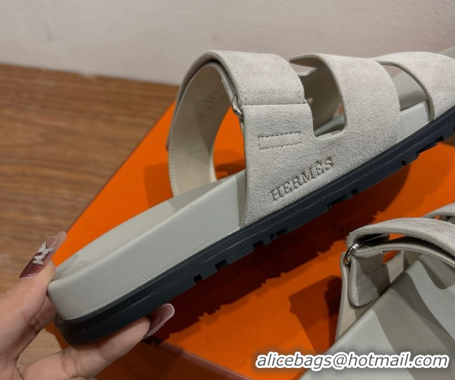 Classic Practical Hermes Chypre Slide Sandals in Suede Light Grey 2025 H082008 0820078