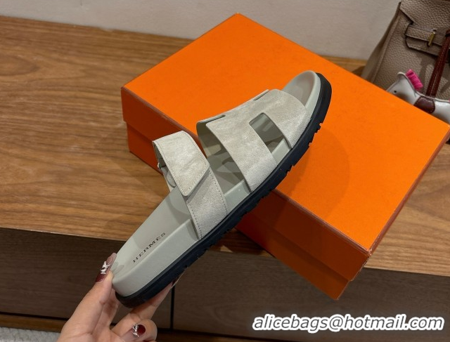 Classic Practical Hermes Chypre Slide Sandals in Suede Light Grey 2025 H082008 0820078