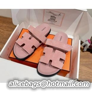 AAAAA Hermes Chypre Slide Sandals in Suede Light Pink 2025 H082008 0820080