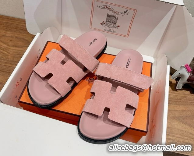 AAAAA Hermes Chypre Slide Sandals in Suede Light Pink 2025 H082008 0820080