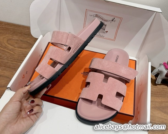 AAAAA Hermes Chypre Slide Sandals in Suede Light Pink 2025 H082008 0820080