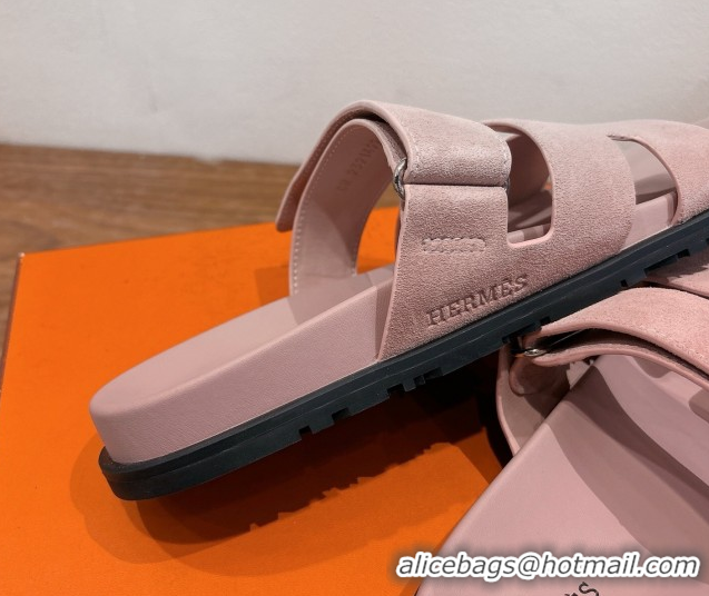AAAAA Hermes Chypre Slide Sandals in Suede Light Pink 2025 H082008 0820080