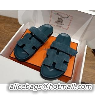 Grade Hermes Chypre Slide Sandals in Suede Dark Blue 2025 H082008 0820081