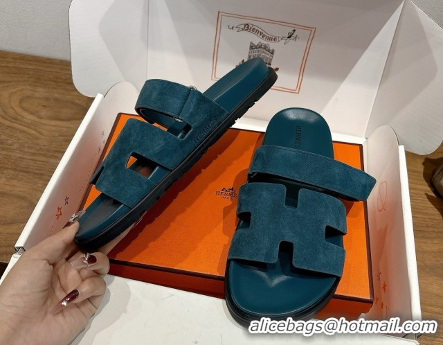 Grade Hermes Chypre Slide Sandals in Suede Dark Blue 2025 H082008 0820081