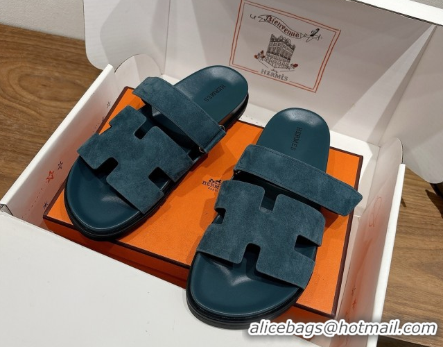 Grade Hermes Chypre Slide Sandals in Suede Dark Blue 2025 H082008 0820081