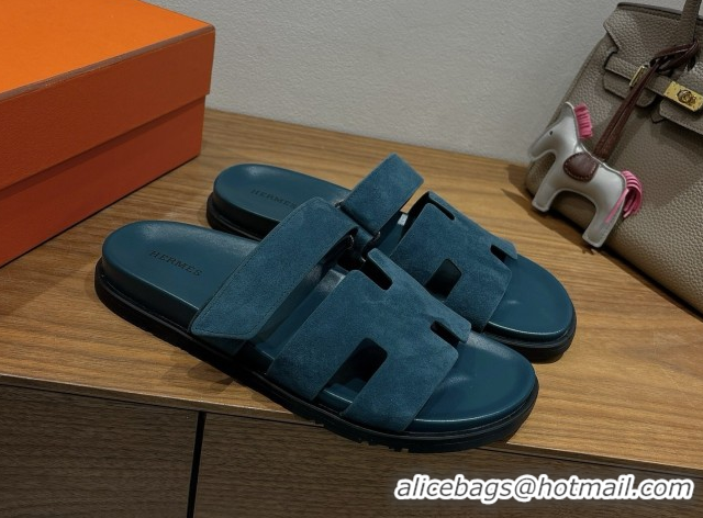 Grade Hermes Chypre Slide Sandals in Suede Dark Blue 2025 H082008 0820081