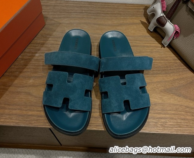 Grade Hermes Chypre Slide Sandals in Suede Dark Blue 2025 H082008 0820081