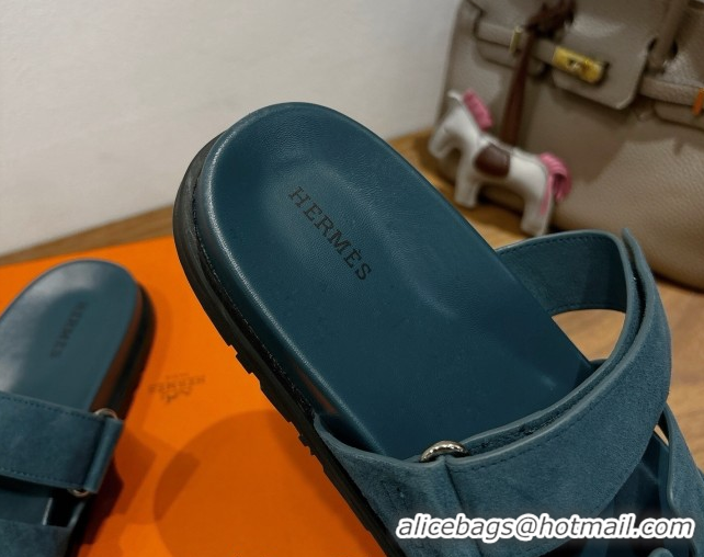 Grade Hermes Chypre Slide Sandals in Suede Dark Blue 2025 H082008 0820081
