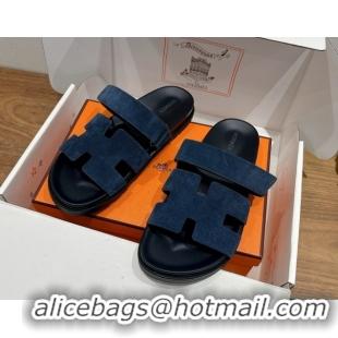 Pretty Style Hermes Chypre Slide Sandals in Suede Deep Blue 2025 H082008 0820082