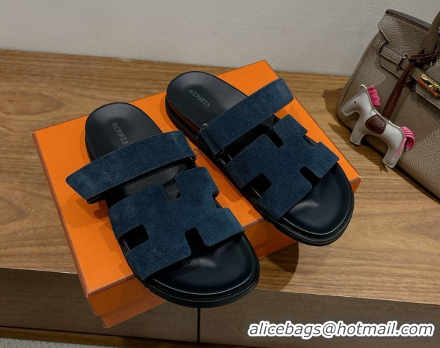 Pretty Style Hermes Chypre Slide Sandals in Suede Deep Blue 2025 H082008 0820082