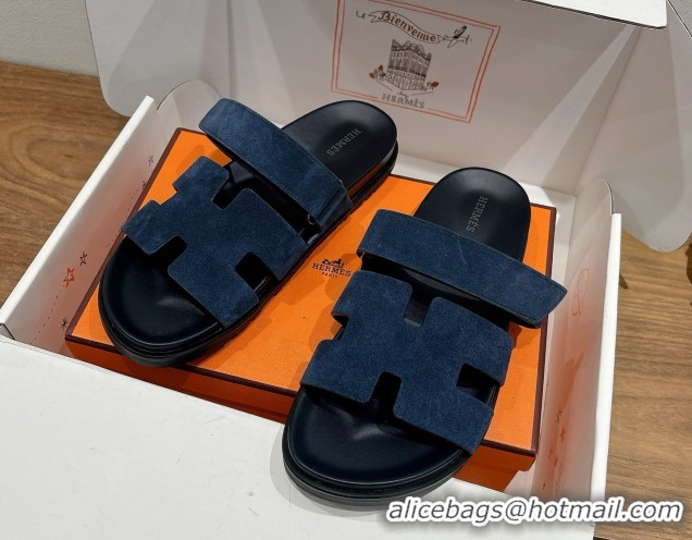 Pretty Style Hermes Chypre Slide Sandals in Suede Deep Blue 2025 H082008 0820082