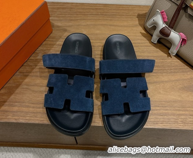 Pretty Style Hermes Chypre Slide Sandals in Suede Deep Blue 2025 H082008 0820082