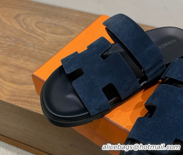Pretty Style Hermes Chypre Slide Sandals in Suede Deep Blue 2025 H082008 0820082