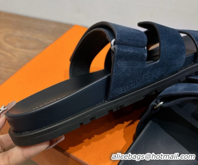Pretty Style Hermes Chypre Slide Sandals in Suede Deep Blue 2025 H082008 0820082