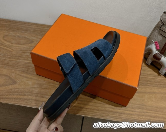 Pretty Style Hermes Chypre Slide Sandals in Suede Deep Blue 2025 H082008 0820082
