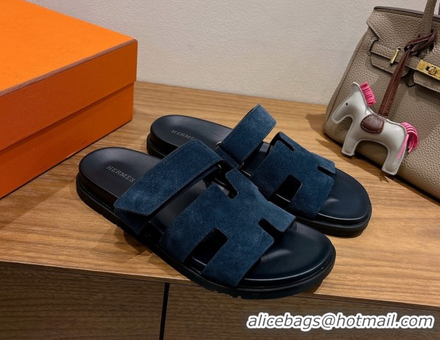 Pretty Style Hermes Chypre Slide Sandals in Suede Deep Blue 2025 H082008 0820082