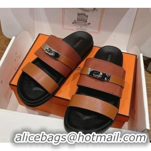 Buy Discount Hermes Jackson Flat Slides Sandal in Smooth and Grained Calfskin Brown 2025 H082008 0820083
