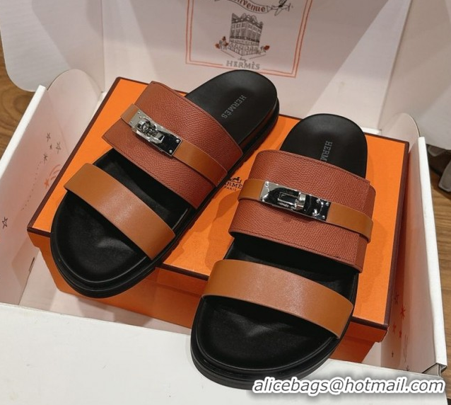 Buy Discount Hermes Jackson Flat Slides Sandal in Smooth and Grained Calfskin Brown 2025 H082008 0820083