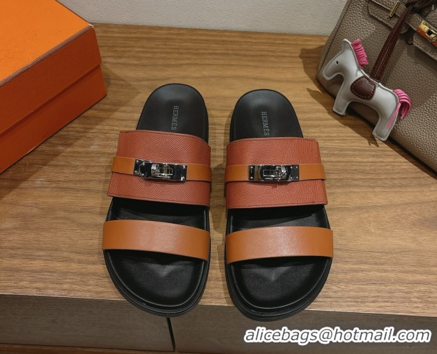 Buy Discount Hermes Jackson Flat Slides Sandal in Smooth and Grained Calfskin Brown 2025 H082008 0820083