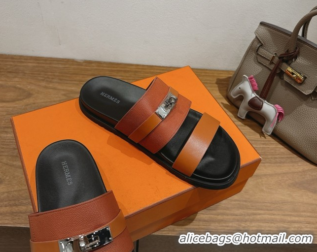 Buy Discount Hermes Jackson Flat Slides Sandal in Smooth and Grained Calfskin Brown 2025 H082008 0820083