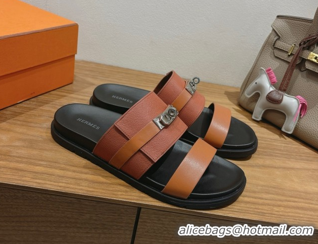 Buy Discount Hermes Jackson Flat Slides Sandal in Smooth and Grained Calfskin Brown 2025 H082008 0820083