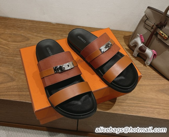 Buy Discount Hermes Jackson Flat Slides Sandal in Smooth and Grained Calfskin Brown 2025 H082008 0820083