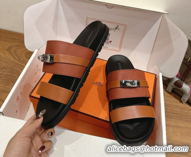 Buy Discount Hermes Jackson Flat Slides Sandal in Smooth and Grained Calfskin Brown 2025 H082008 0820083