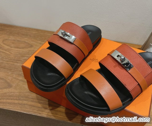 Buy Discount Hermes Jackson Flat Slides Sandal in Smooth and Grained Calfskin Brown 2025 H082008 0820083
