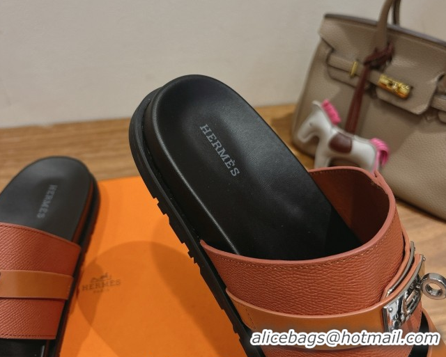 Buy Discount Hermes Jackson Flat Slides Sandal in Smooth and Grained Calfskin Brown 2025 H082008 0820083