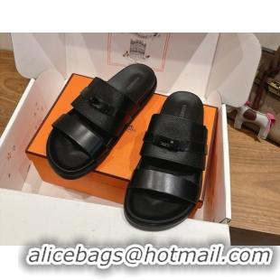 Shop Duplicate Hermes Jackson Flat Slides Sandal in Smooth and Grained Calfskin Black 2025 H082008 0820085