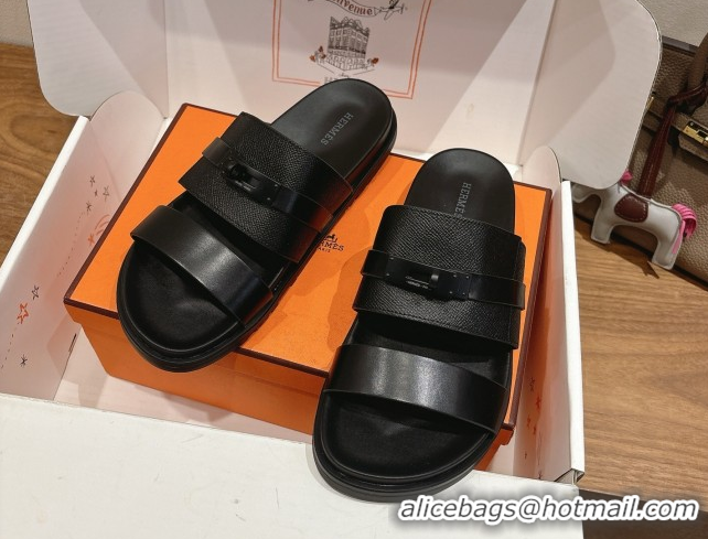Shop Duplicate Hermes Jackson Flat Slides Sandal in Smooth and Grained Calfskin Black 2025 H082008 0820085