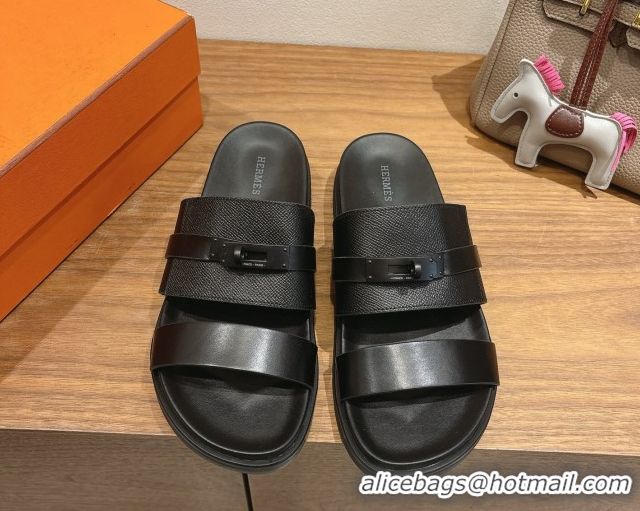 Shop Duplicate Hermes Jackson Flat Slides Sandal in Smooth and Grained Calfskin Black 2025 H082008 0820085