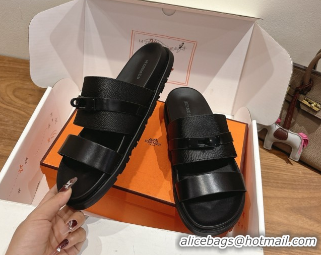 Shop Duplicate Hermes Jackson Flat Slides Sandal in Smooth and Grained Calfskin Black 2025 H082008 0820085