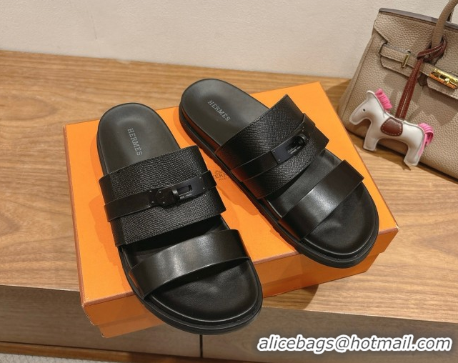 Shop Duplicate Hermes Jackson Flat Slides Sandal in Smooth and Grained Calfskin Black 2025 H082008 0820085