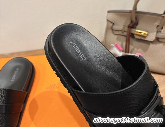 Shop Duplicate Hermes Jackson Flat Slides Sandal in Smooth and Grained Calfskin Black 2025 H082008 0820085