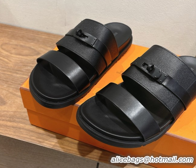 Shop Duplicate Hermes Jackson Flat Slides Sandal in Smooth and Grained Calfskin Black 2025 H082008 0820085