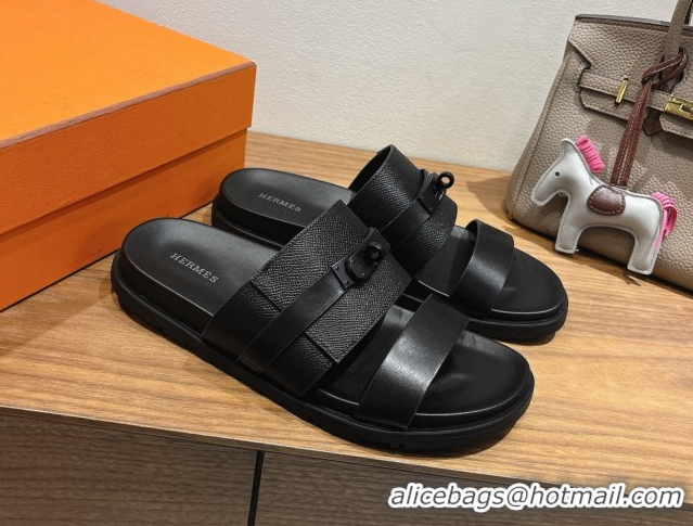 Shop Duplicate Hermes Jackson Flat Slides Sandal in Smooth and Grained Calfskin Black 2025 H082008 0820085