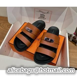 Top Grade Hermes Jackson Flat Slides Sandal in Calfskin Leather Brown 2025 H082008 0820090