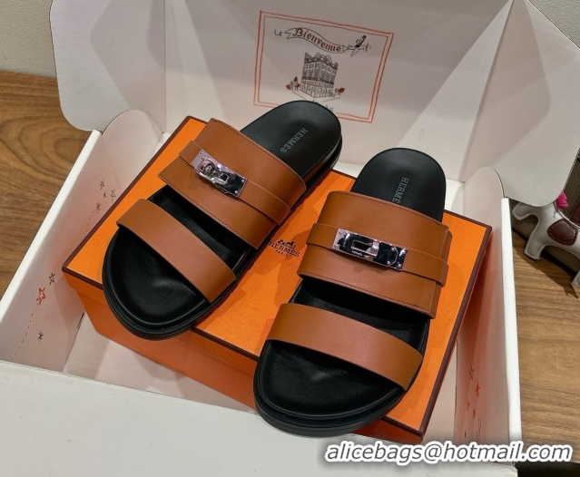 Top Grade Hermes Jackson Flat Slides Sandal in Calfskin Leather Brown 2025 H082008 0820090