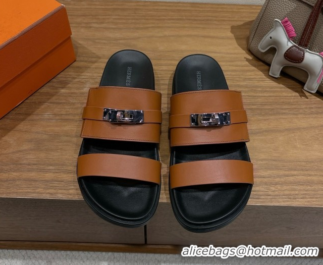 Top Grade Hermes Jackson Flat Slides Sandal in Calfskin Leather Brown 2025 H082008 0820090