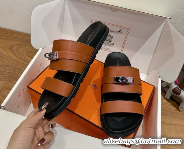 Top Grade Hermes Jackson Flat Slides Sandal in Calfskin Leather Brown 2025 H082008 0820090