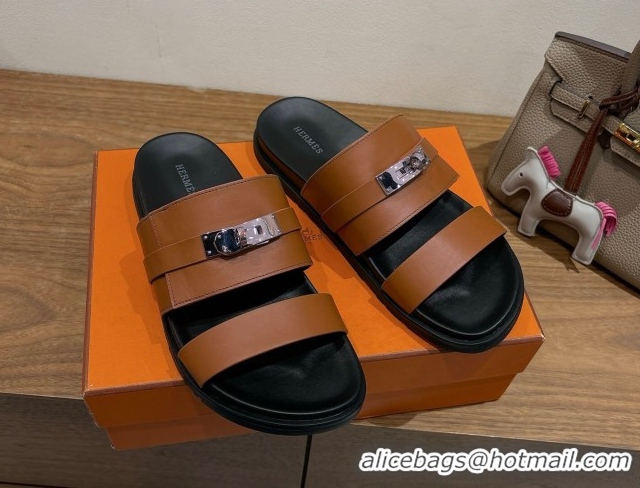 Top Grade Hermes Jackson Flat Slides Sandal in Calfskin Leather Brown 2025 H082008 0820090