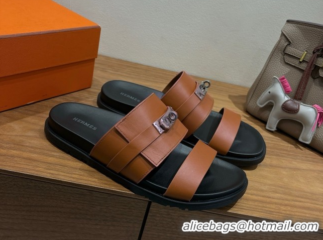 Top Grade Hermes Jackson Flat Slides Sandal in Calfskin Leather Brown 2025 H082008 0820090