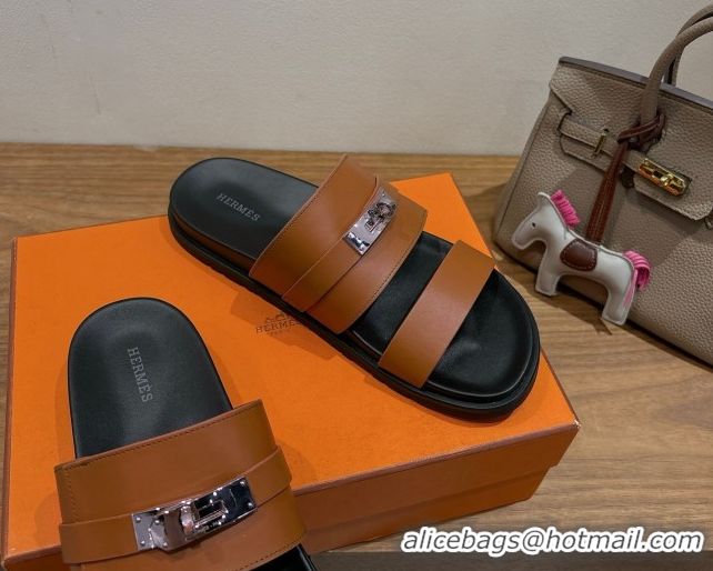Top Grade Hermes Jackson Flat Slides Sandal in Calfskin Leather Brown 2025 H082008 0820090